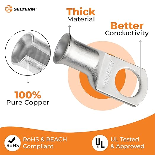 SELTERM 25pcs 1 AWG 1/2" Stud Marine Grade Tinned Copper Battery Cable Lugs, 1 Gauge Ring Terminals, UL Wire Lugs Electrical Battery Cable Ends, Tinned Copper Lugs Battery Terminal Connectors
