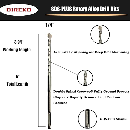 Generic Direko 10 Piece Carbide-Tipped SDS-Plus Rotary Hammer Drill Bit Set Length 6"",Twist Drill 1/4"",for Masonry，Concrete,Brick Granite etc.