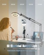NOEVSBIG Magnifying Glass Desk Lamp with 3-Section Swing Arm and Big Clamp, Magnifying Glass with Light and Stand, 10X Wide Desk Magnifier Light for Reading/Office/Crafting/Close Work