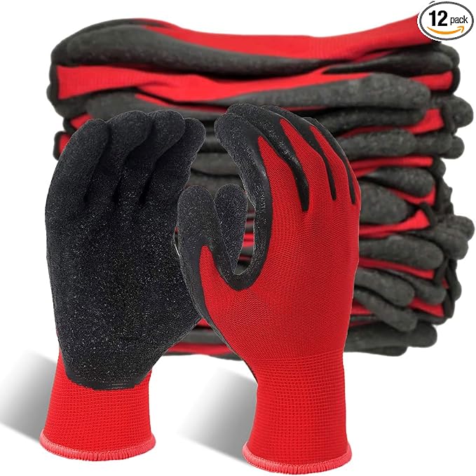 Evridwear Crinkle Latex Rubber Hand Coated Safety Work Gloves for Men Women General Multi Use Construction Warehouse Gardening Assembly Landscaping (XS-Size) 12 Pairs Pack