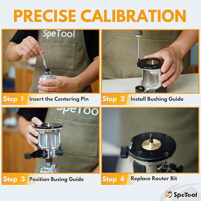SpeTool Brass Router Template Bushing Guide Set with Centering Pin&Cone for Porter Cable Style Router Sub Bases, 10-Piece Solid Router Guide Bushing Includes Aluminum Carrying Case