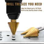 BeHappy Step Drill Bit Set, 5Pcs Titanium Step Drill Bit Set, High Speed Steel Step Drill Bits with Automatic Center Punch for Sheet Metal, Wood, Plastic, 50 Sizes with Aluminum Case for DIY