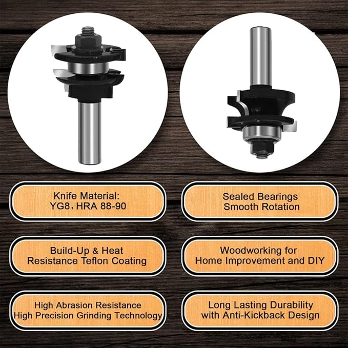 LEATBUY 1/2 Inch Shank Router Bit Set 3 PCS Round Over Raised Panel Cabinet Door Rail and Stile Router Bits, Woodworking Wood Cutter, Wood Groove Tongue Milling Tool(1/2-double)