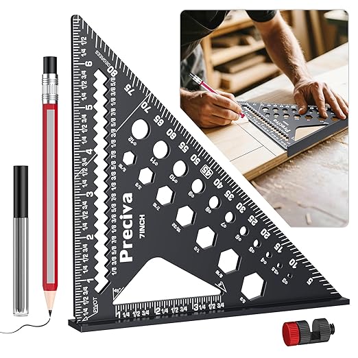 Preciva Carpenter Square 7 inch, 1/16" Precision Rafter Square Aluminum Alloy with Limiter and Pencil, Multi-Purpose Carpenter Tool Measuring Layout Tool for Woodworking and Carpentry