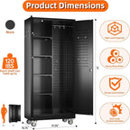 71" H Broom Closet Storage Cabinet with Wheels,Rolling Tool Cabinet with Lockable and Magnetic Doors,Adjustable Shelves and Pegboard for Garage Warehouse Home,Required Assembly,Black
