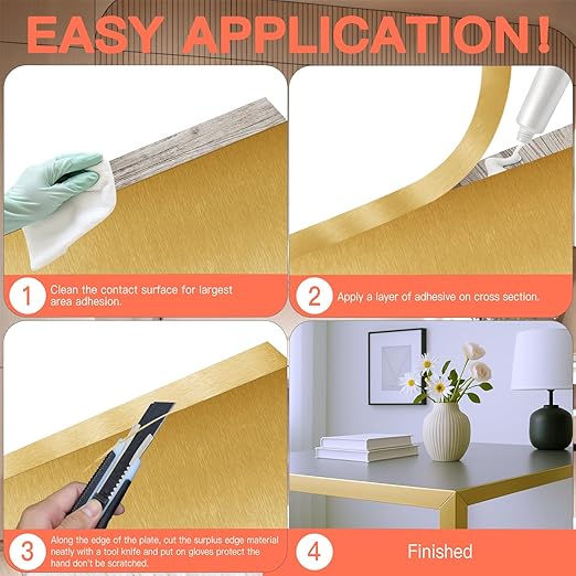 GSCIT Club Gold Edge Banding, 1 1/2 Inch x 25ft Aluminum Brushed Edge Banding PVC Edge Trim for Cabinet Repair Furniture