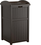 Suncast 33 Gallon Durable Plastic Hideaway Outdoor Garbage Can with Secure Lid and Wicker Design for Home Backyards, Decks, or Patios, Java Brown