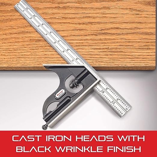 Starrett Steel Combination Square with Square Head - 150mm Blade Length, Cast Iron Heads, Hardened Steel, Reversible Lock Bolt, Scriber, 35 Graduation Type - 11MH-150
