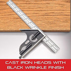 Starrett Steel Combination Square with Square Head and Center Head - 4" Blade Length, Cast Iron Heads, Hardened Steel, Reversible Lock Bolt, 4R Graduation Type - C11HC-4-4R
