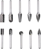 10pcs Carbide Burrs Set with 1/4'' Shank Double Cut Solid Power Tools Tungsten Carbide Rotary Files Bits for Die Grinder Metal Wood Carving Engraving Polishing Drilling Grinding Milling Cutting