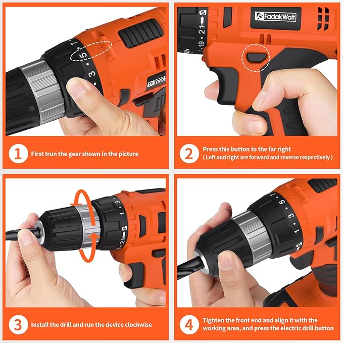 20V Electric Power Drill Set, Torque 30N, 21+1 Torque Setting, 3/8-Inch Keyless Chuck, LED Electric Drill Kit, Orange