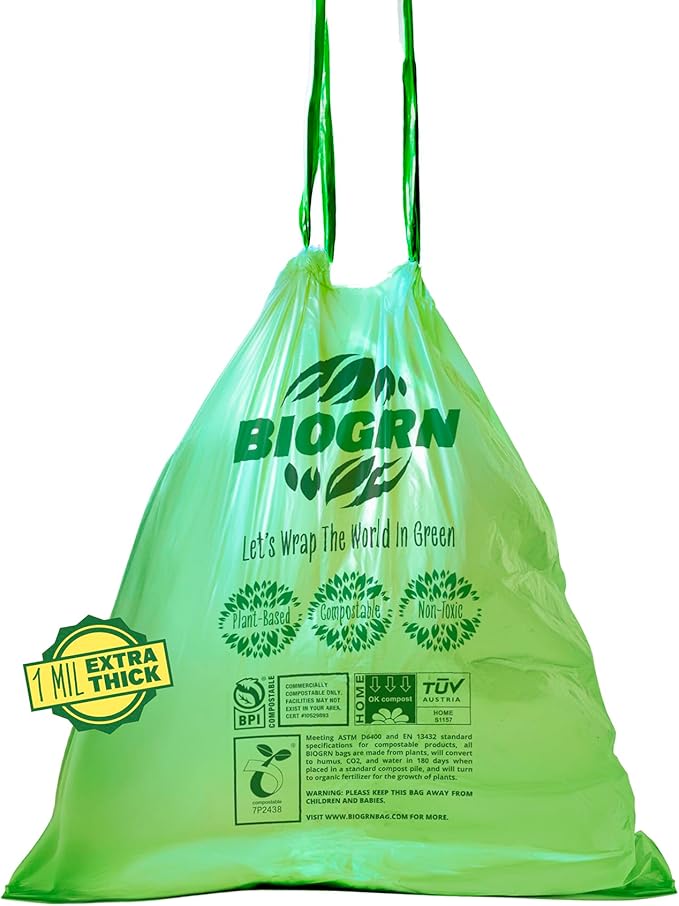 10-13 Gallon Compostable Trash Bags Drawstring 30 Bags Heavy Duty Extra Thick 1 Mil 49.21 Liter Tall Kitchen Food Scrap Waste Compost Bags Green ASTM D6400 US BPI and OK Compost Home Certified
