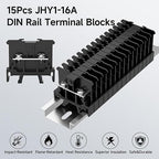15Pcs JHY1 DIN Rail Terminal Blocks, 660V 16A, 2.5mm², Detachable & Assemblable Terminal Strip Blocks, 30Pcs 16-14 AWG Insulated Fork Spade Wire Connectors & 5.51 Inch DIN Rail Included