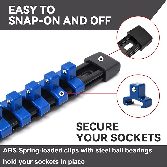 ALOANES 9 PC ABS Socket Organizer, 1/2 inch, 3/8 inch and 1/4 inch Drive Socket Rail Holders, Heavy Duty Socket Racks, Black Rails with Blue Clips