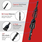 Countersink Drill Bit Set for Woodworking, 15 PCS M2 Cobalt HSS Tapered Drill Bits Kit with 2 Wood Plug Cutters, 1/4" Hex Shank Quick Change, Depth Stop Collars, 82° Counterbore & Storage Case