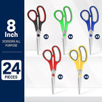 24-Pack 8" All Purpose Heavy Duty Sharp Scissors Bulk for Office School Home Stainless Steel Blades Safety Soft Grip Handles,Right/Left Handed Scissors