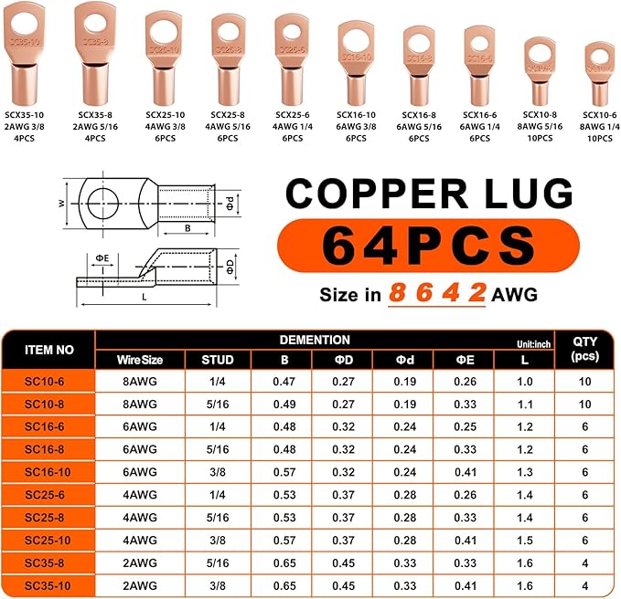 Sanuke Hydraulic Crimping Tool and Cable Cutter, 12 AWG to 2/0 AWG, 10 Tons Electrical Terminal Cable Crimper Tool Kit with 9 Die Sets and 64PCS Copper Wire Lugs