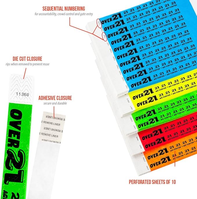 500 WristCo Tyvek Wristbands Over 21 Variety Pack - ¾” x 10”- Waterproof Recyclable Comfortable Tear Resistant Paper Bracelets Wrist Bands for Events Concert Festival Admission Party