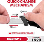ARROW Folding Utility Knife, Quick-Change Box Cutter with Belt Clip, Liner Lock, Heavy Duty Aluminum Razor Knife with Comfortable Handle, 10 Extra SK2 Blades Included
