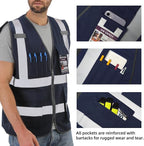 Dib Safety Reflective Vest High Visibility with Pockets and Zipper, Navy XL