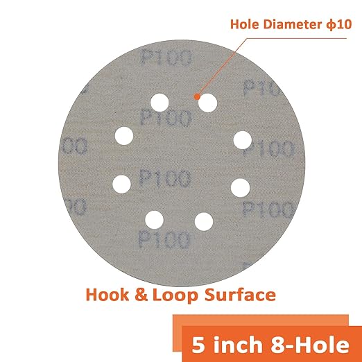 Orbital Sander Pads 5 Inch 8 Holes 100 Grit Sanding Disc,Hook and Loop Wet/Dry Gold Replacement Sandpaper,Suitable for Wood,Plastic Grinding and Polishing,Pack of 50