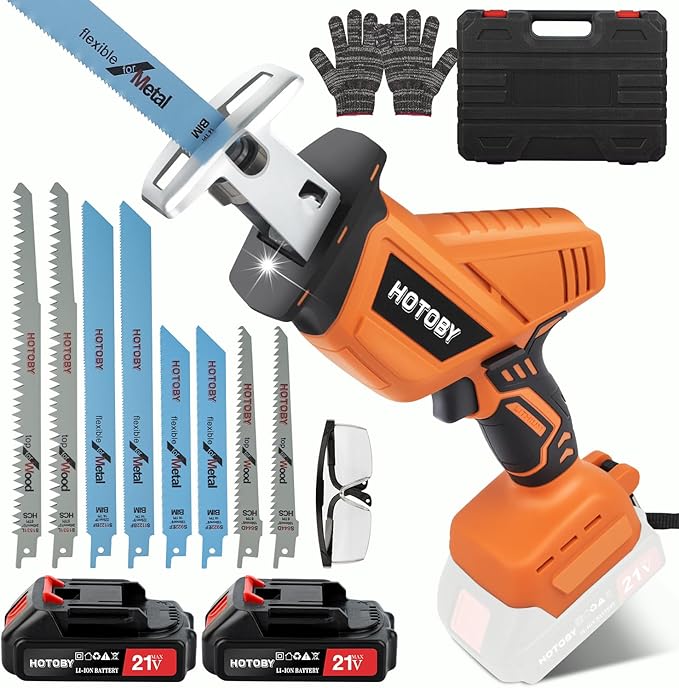 Reciprocating Saw, Cordless, Electric Reciprocating Saw with 2 Batteries, Includeds 8 Blades Kit, Tool-free Blade Change, Variable Speed, Multi-Purpose, For DIY Wood Metal PVC Cutting (Orange)