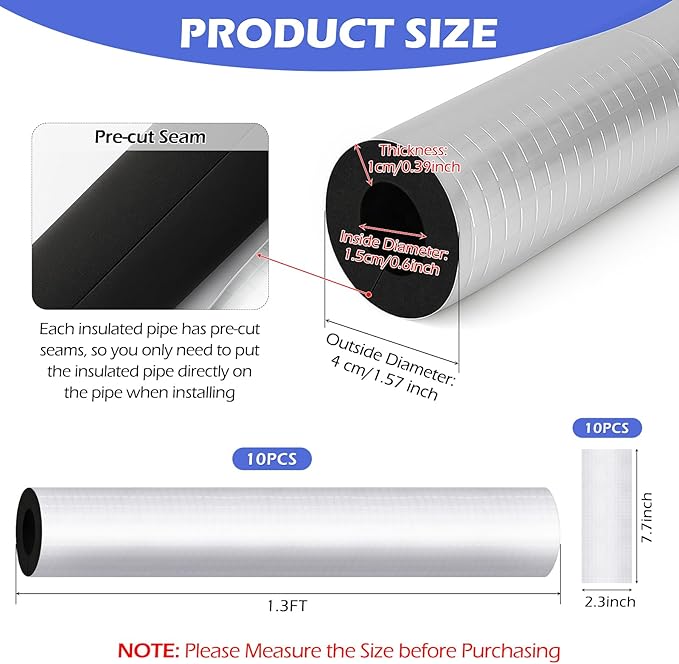10 Pack Self-Adhesive Pipe Insulation Sleeve, Pre-Slit Foam Tube with Aluminum Foil Cover for Winter, Spigot, Sprinkler, Water Heater Pipes, Scratch-Proof and Non-Corrosive (Silver, 1.3 Ft x1/2 Inch)
