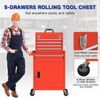 5 Drawer Tools Chest, Tool Cabinet with Universal Lockable Wheels，Tool Box with Detachable Top Box for Workshop(Red)