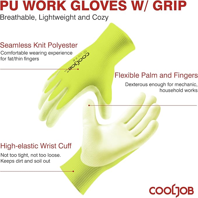 COOLJOB 60 Pairs Safety Work Gloves Pack Bulk with Grip PU Coating, 13 Gauge Seamless Knit Gloves with Polyurethane Dipped for Warehouse Working, Breathable Lightweight for Men Women, Yellow Large