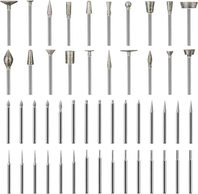 Stone Carving Set Diamond Burr Bits Compatible with Dremel, 50PCS Polishing Kits Rotary Tools Accessories with 1/8’ Shank For Carving, Engraving, Grinding, Stone, Rocks, Jewelry, Glass, Ceramics