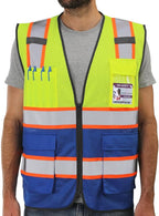 Dib Safety Reflective Mesh Vest High Visibility Two Tone with Pockets and Zipper, Yellow and Blue Mesh with Orange Trim 2XL