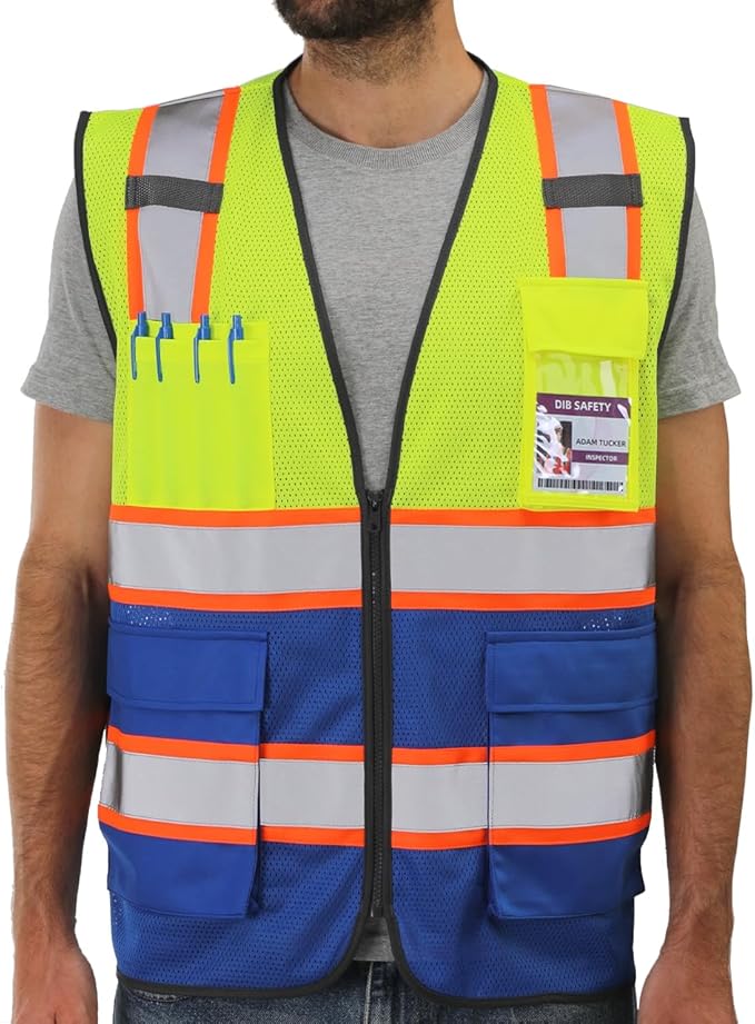 Dib Safety Reflective Mesh Vest High Visibility Two Tone with Pockets and Zipper, Yellow and Blue Mesh with Orange Trim L