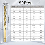 Cobalt Drill Bit Set for Hardened Metal and Stainless Steel, 99Pcs M35 High Speed Steel Twist Jobber Metal Drill Bits 1/16"-3/8", with Plastic Index Storage Case