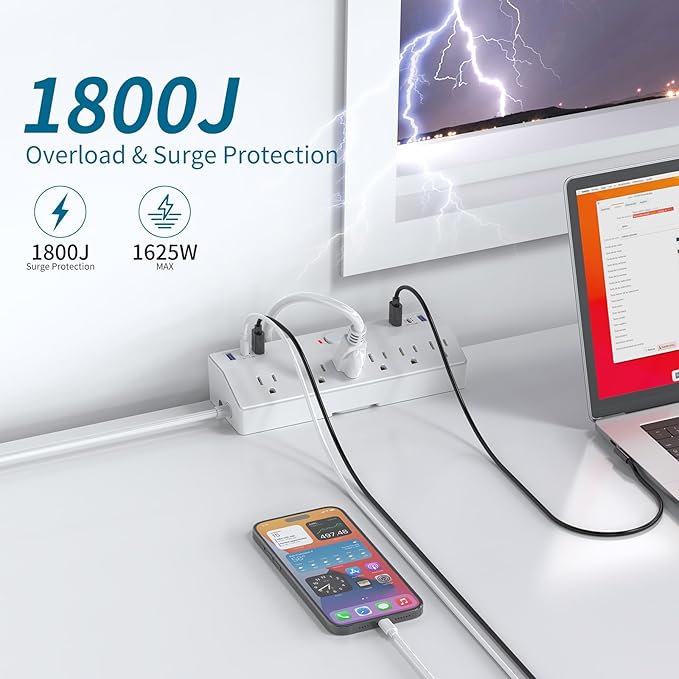 40W Fast Charging Station, Desk Clamp Power Strip, JXGUCAT Removable Desk Clamp Mount Power Strip Surge Protector, 2 USB-C Ports, 6 AC Outlets and 10ft Cord, Fits 1.8" Tabletop Edge