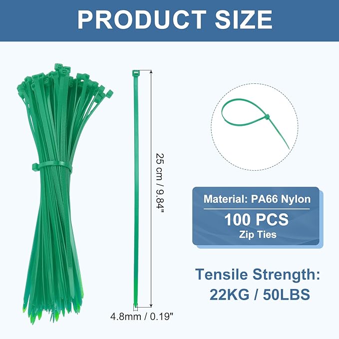 PATIKIL Cable Zip Ties 10 Inch, 100 Pcs Self-Locking Nylon Wire Tie Wraps Heavy Duty Cord Management with 50 lbs Tensile Strength for Indoor and Outdoor, Green (0.2" W)