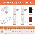 62PCS 1/0 AWG Tinned Ring Terminal Heat Shrink Tubing Set Copper Wire Lugs 0 Gauge 5/16", 3/8", 1/4", 1/2", 30Pcs Battery Cable Ends and 32PCS Heat Shrink Tubing