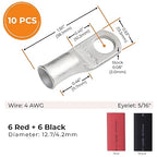 SELTERM 10pcs - 4 Awg - 5/16" Stud - Battery Lugs - Ring Terminal Connectors | with 12pcs 3:1 Black & Red Heat Shrink Tubing with Adhesive | Heavy Duty Battery Cable Ends - Tinned Copper Wire Lugs Kit