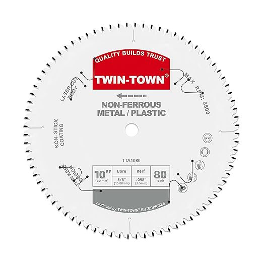 TWIN-TOWN 10-Inch 80 Tooth TCG Aluminum Cutting Saw Blade for Miter/Table Saws - Precision Circular Saw Blades for Aluminum, Plastics, Non-Ferrous Metals with 5/8" Arbor