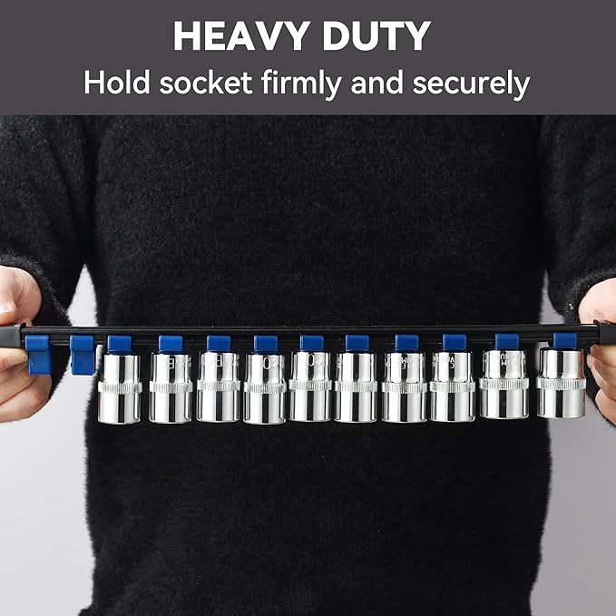 ALOANES 18 PC ABS Socket Organizer,1/2 inch, 3/8 inch, and 1/4 inch Drive Socket Rail Holders, Heavy Duty Socket Racks, Black Rails with Red Blue Black Clips