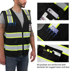 Dib Safety Reflective Vest High Visibility with Pockets and Zipper, Black with Yellow Trim XL