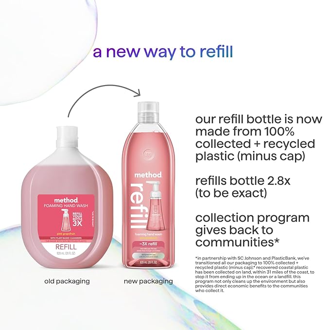 Method Foaming Hand Soap Refill, Pink Grapefruit, Recyclable Bottle, Biodegradable Formula, 28 fl oz (Pack of 4) (Packaging May Vary)