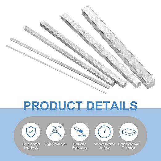 uxcell 8Pcs Square Steel Key Stock, 3/8" x 3/8" x 12" Cold-Drawn 45# Steel Bars Precision Key Stock for Gearbox Coupling, Silver Tone