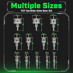 Tungsten Carbide Hole Saw Kit 22 Pcs – Carbide Hole Saw Set 9/16" to 2-1/8" for Metal, Stainless Steel, Wood – Includes 2 Drill Bits, Deburring Tool, 4 Blades, 3 Allen Wrenches – Industrial & DIY Use