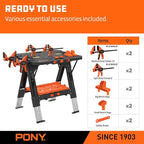 Pony Portable Folding Work Table, 2-in-1 as Sawhorse & Workbench, 31” W×25” D×25”-35”H, Large Load Capacity with 4pcs Clamps, 4pcs Bench Dogs