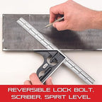 Starrett Steel Combination Square with Square Head - 12" Blade Length, Cast Iron Heads, Reversible Lock Bolt, Spirit Level, 16R Graduation Type - 11H-12-16R