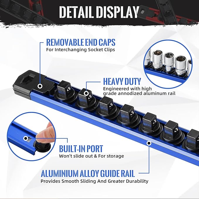 Magnetic Socket Organizer, 3-Piece Heavty Duty Aluminum Socket Holder, Socket Rail for Tool Box, Premium Quality 360° Swivel Socket Rack with 42 Clips for 1/4-Inch(Blue)