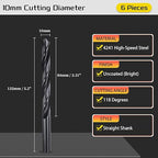 Drill Bit, 10mm Cutting Diameter, 4241 HSS Nitriding Black 118° Cutting Angle Versatile Jobber Bits - (Applications: for Drilling Plastic Wood Soft Metal), 6-Pieces