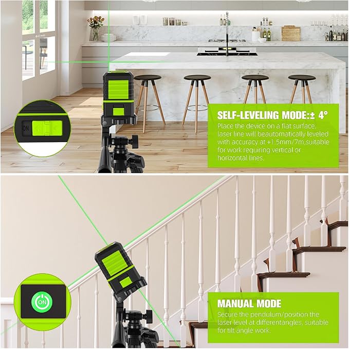 Laser Level with Tripod, 100 Ft Manual Self leveling Laser Level, Green Cross Line，Use for Picture Hanging Floor Construction Tile Wall Home Renovation, Indoor Project, Battery Included（Green)