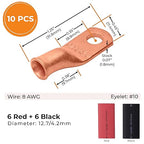SELTERM 10pcs - 8 Awg - #10 Stud - Battery Lugs - Ring Terminal Connectors | with 12pcs 3:1 Black & Red Heat Shrink Tubing with Adhesive | Heavy Duty Battery Cable Ends - Bare Copper Wire Lugs Kit