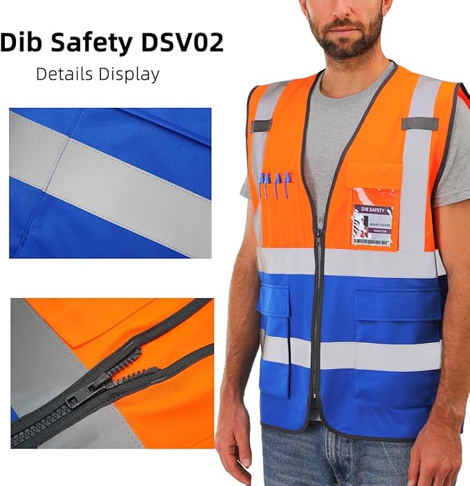 Dib Safety Reflective Vest High Visibility with Pockets and Zipper, Orange and Blue 4XL